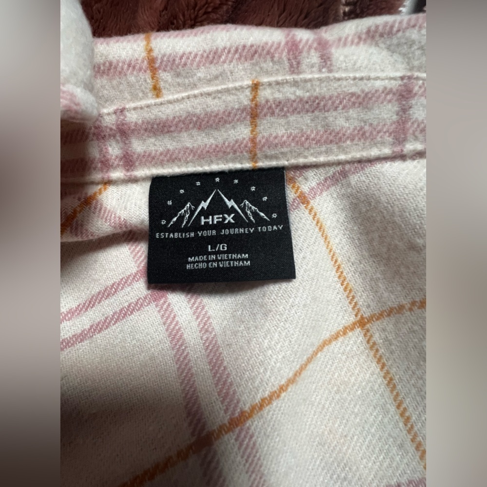 HFX Shacket Sz Large Double Breasted Snap Closure Hip Pockets Pink Flannel Sz L - Picture 6 of 7